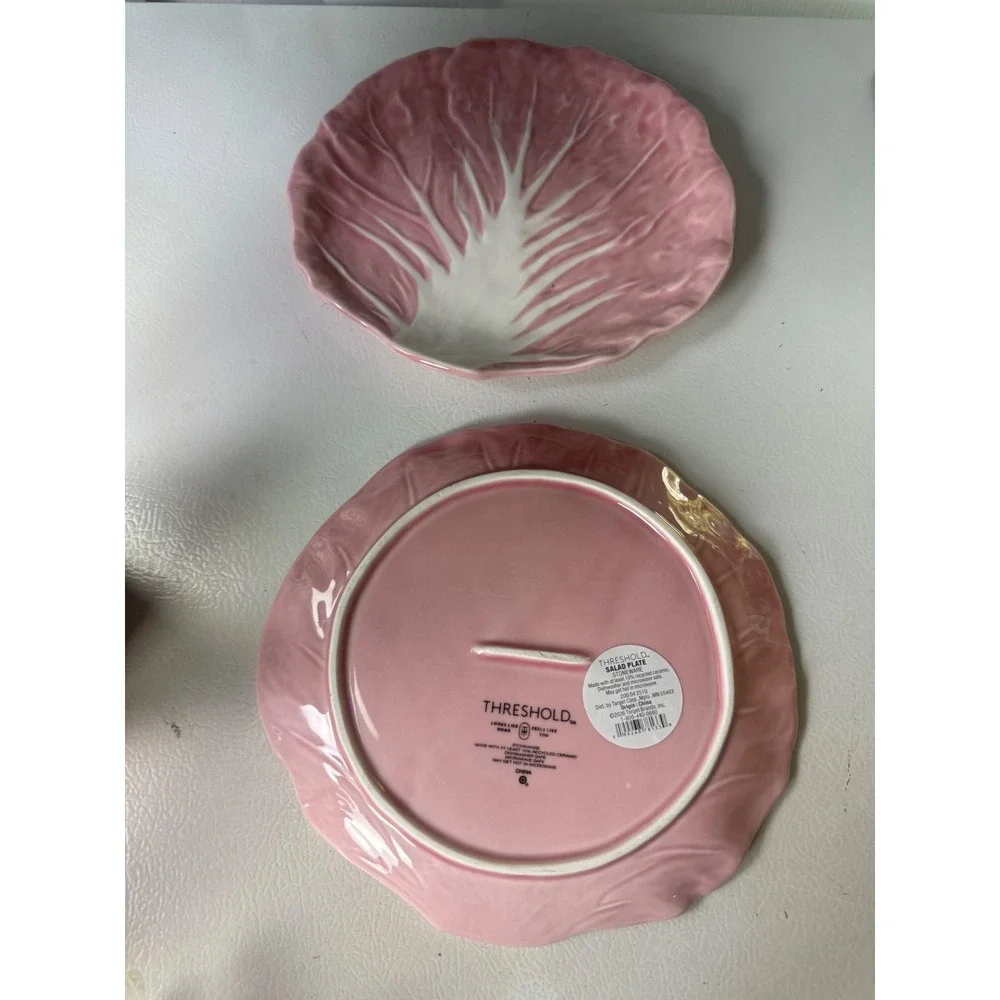 Threshold Pink Cabbage Leaf Stoneware Salad Plates Set of 4 Textured Scalloped